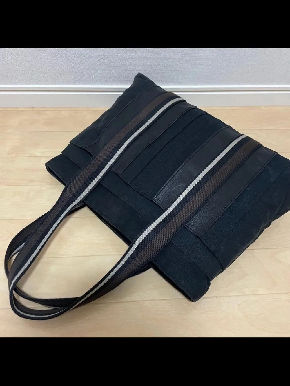 Hermes Black Tote with Striped Webbing Handles